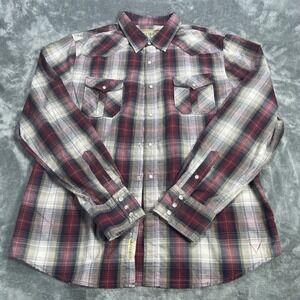 Guess Western Shirt Mens XL Red Plaid Pearl Snap Rodeo Cowboy Long Sleeve